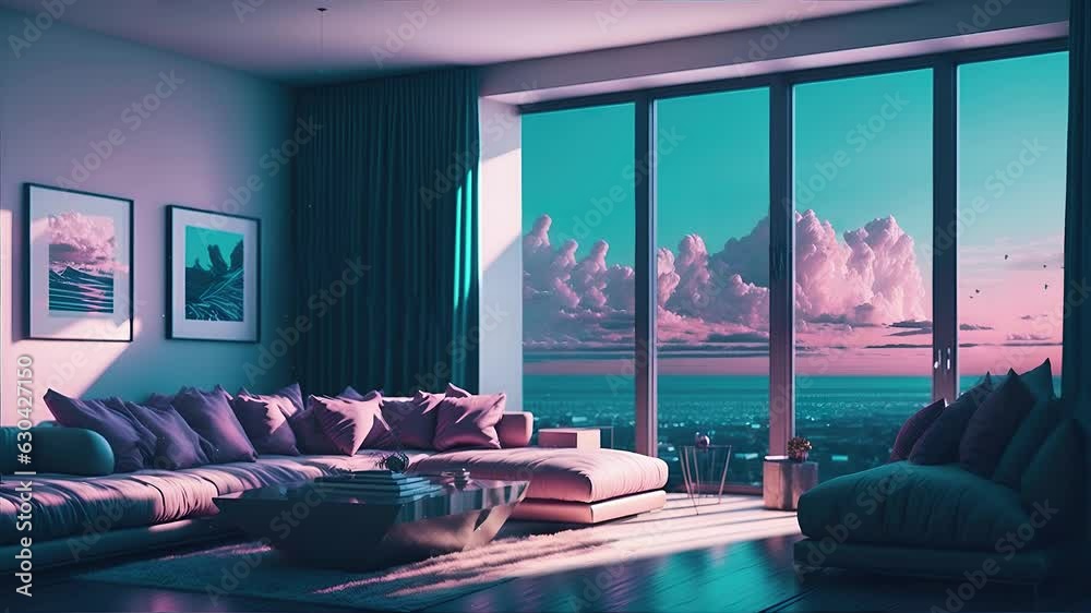 animated virtual backgrounds, stream overlay loop, interior of a hotel room, cozy futuristic living room, sundown, vtuber asset twitch zoom OBS screen, chill anime lo-fi hip hop	