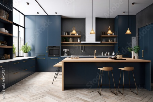 Refined Dark Blue Kitchen - Minimalist 3D Render
