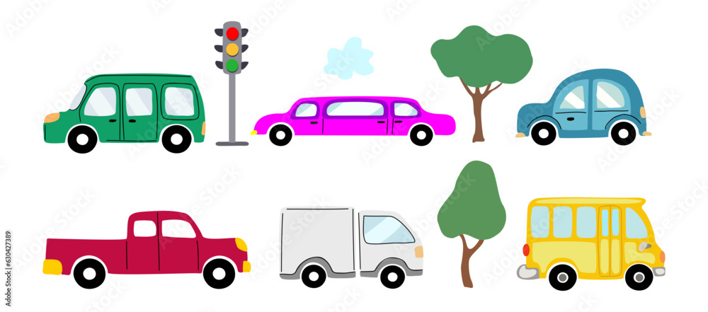 Cute collection colorful cars isolated on a white background. Icons in ...