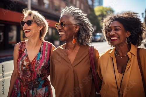 a photo of three diverse middle-aged mature women in modern stylish clothes smiling in the city street, mature friendship representation. Generative AI technology