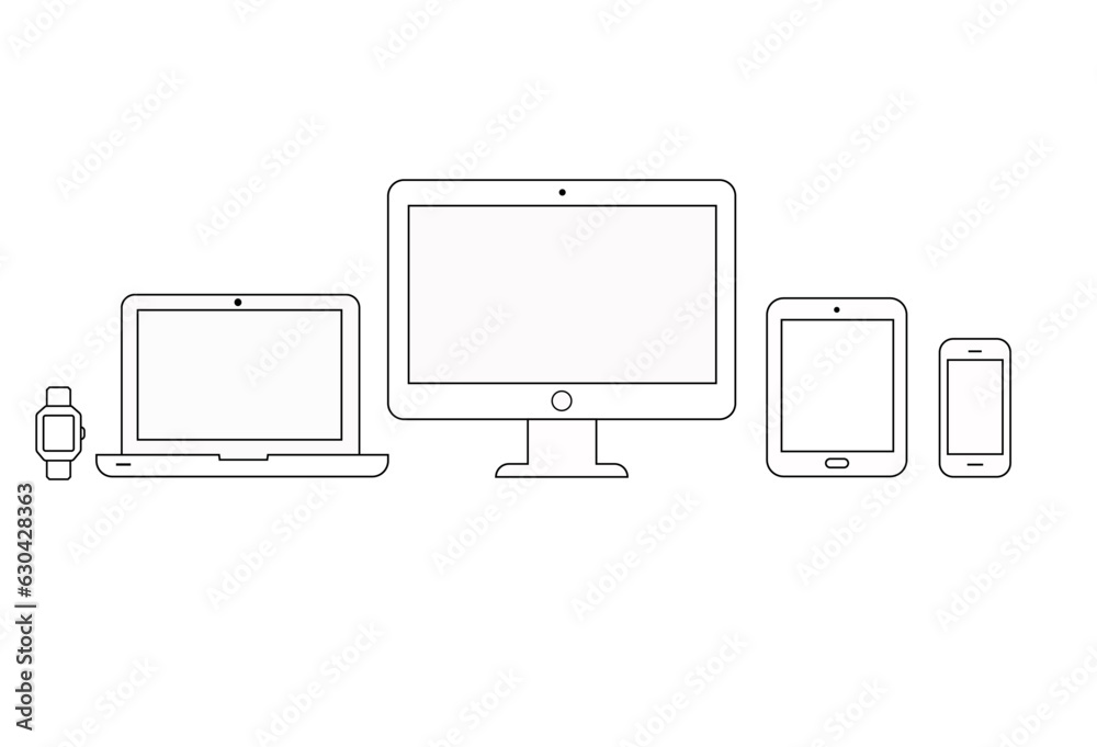 Vector set of outline device icons. Monitor, laptop, tablet pc, smartphone and smart watch
