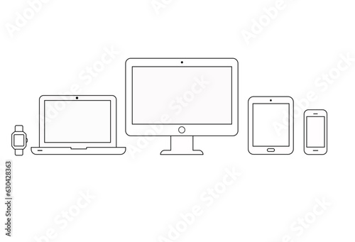 Vector set of outline device icons. Monitor, laptop, tablet pc, smartphone and smart watch