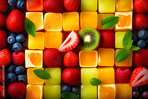  Fruit puzzle. Food background ,pattern. Variety of fruit cubes. Flat lay, top view. Generative Ai photo