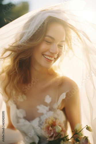 portrait of a woman/model/bride in a wedding dress engagement fashion/beauty editorial magazine style film photography look in front of a floral background - generative ai art