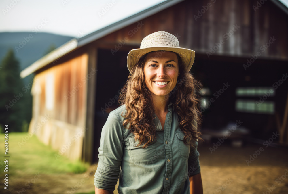 Portrait of a beautiful young woman next to the barn in her farm. Generative AI. Portrait of a beautiful young woman next to the barn in her farm. Generative AI.