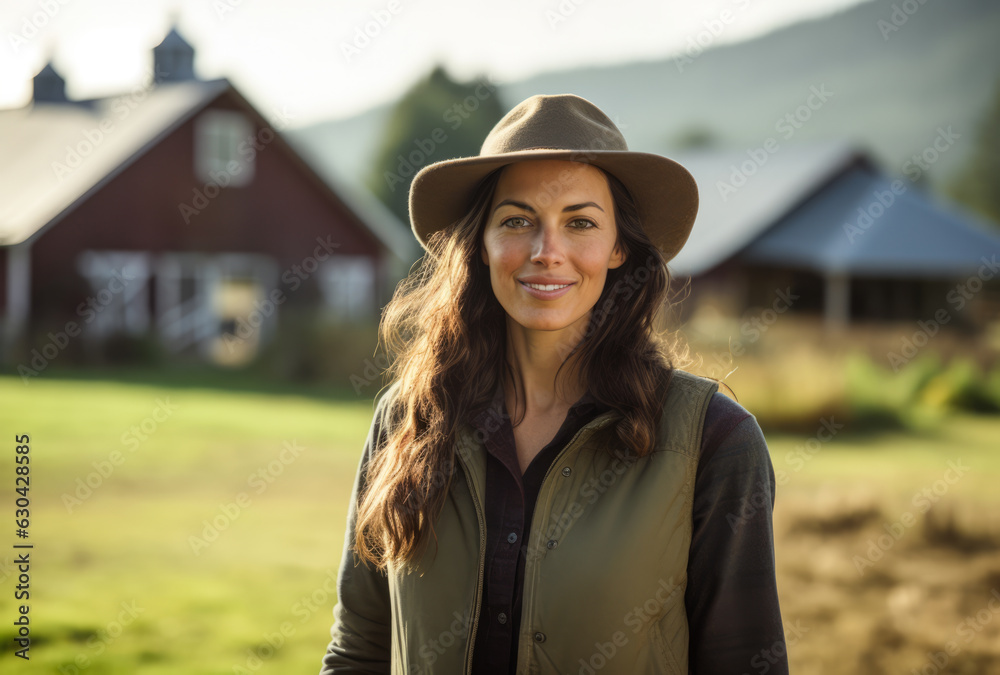 Portrait of a beautiful young woman next to the barn in her farm. Generative AI. Portrait of a beautiful young woman next to the barn in her farm. Generative AI.