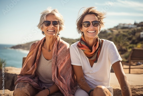 a photo of three diverse middle-aged mature women in modern stylish clothes smiling, on a vacation, mature friendship representation. Generative AI technology