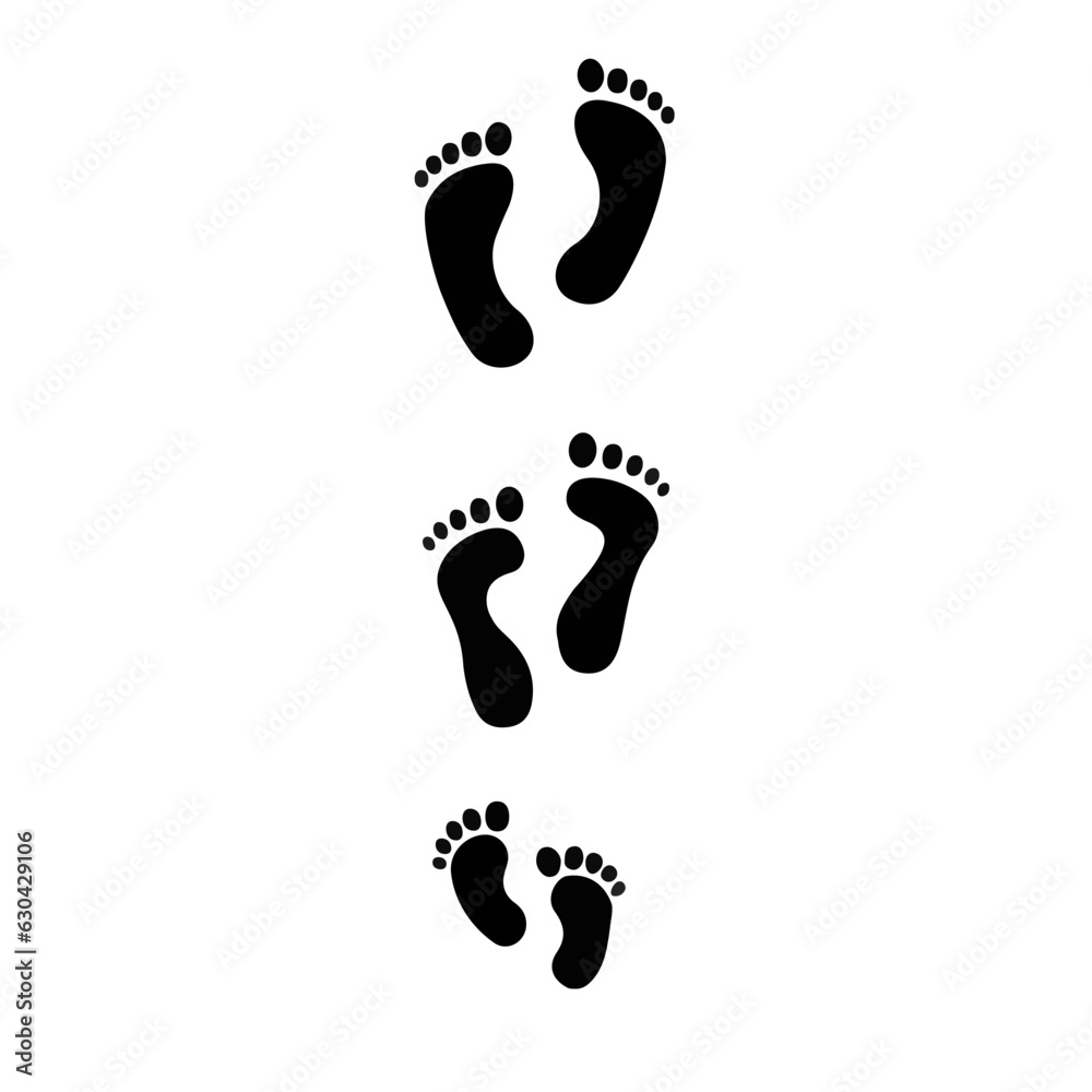 Family footprint, foot imprint of a man, a woman, a child. Vector silhouette on white background Family footprint, foot imprint of a man, a woman, a child. Vector silhouette on white background