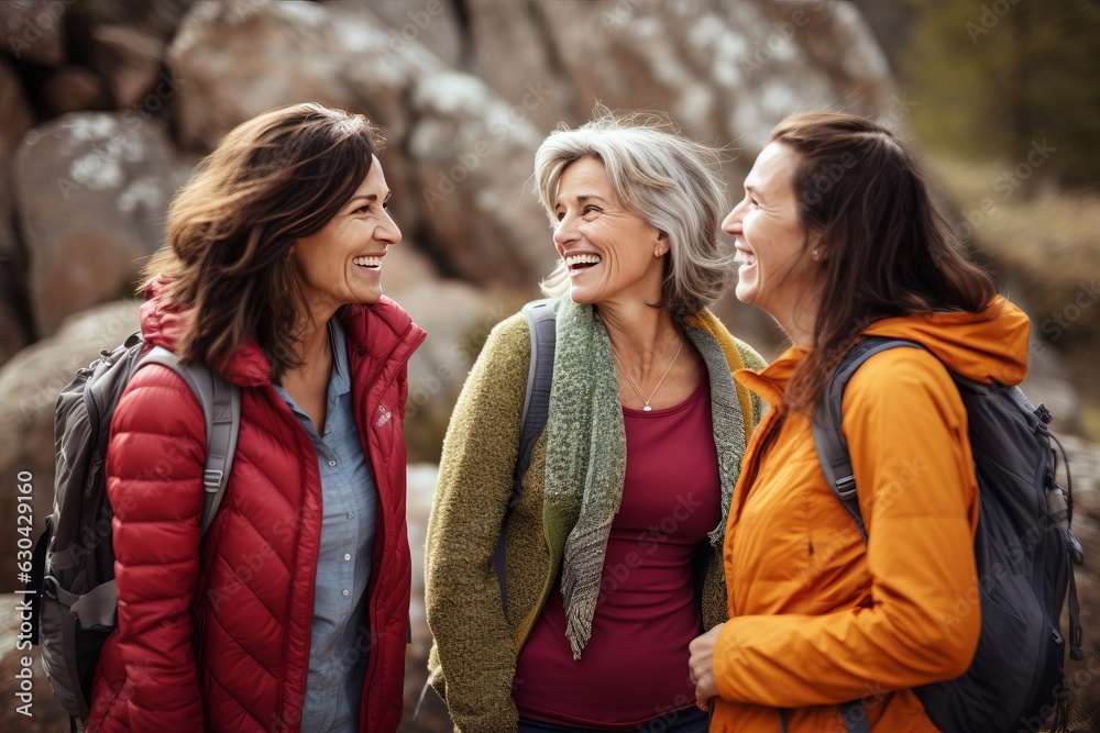 Fototapeta premium a photo of three diverse middle-aged mature women in trekking clothes sitting hiking together smiling, mature friendship representation. Generative AI technology