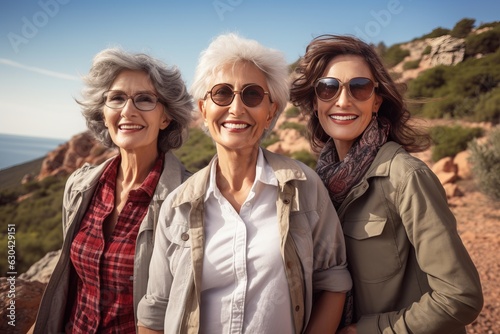 a photo of three diverse middle-aged mature women in trekking clothes sitting hiking together smiling, mature friendship representation. Generative AI technology