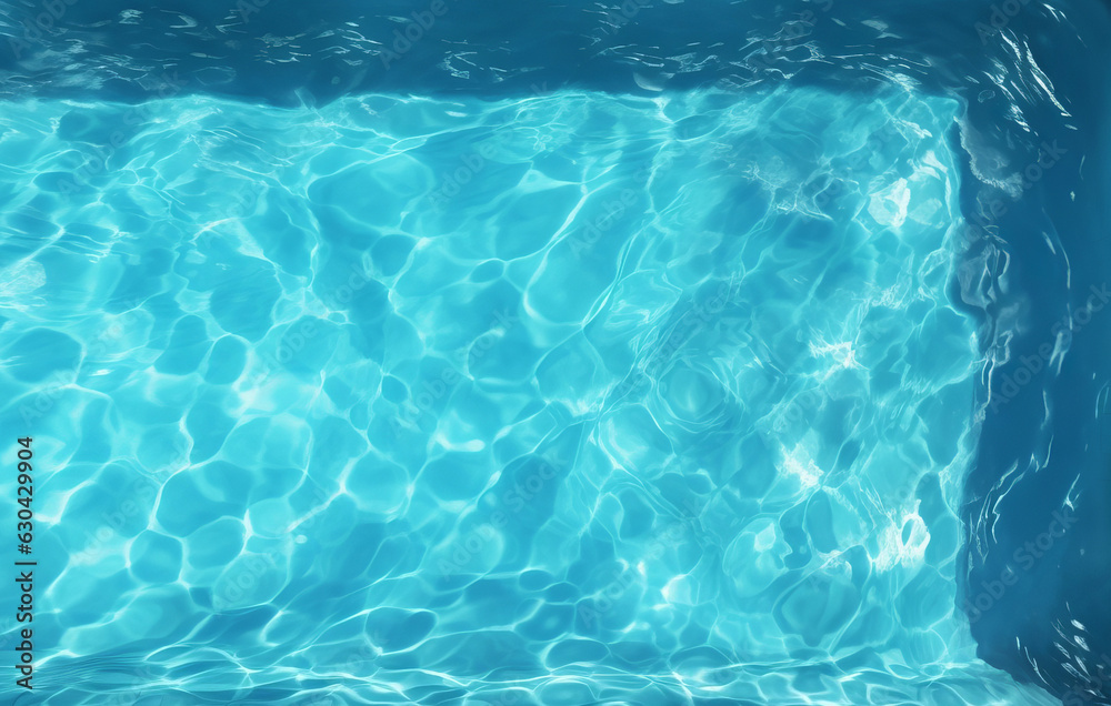 Swimming pool water, caustics ripple and flow texture. Summer background. Blue water texture, water surface. Open outdoor poolside.