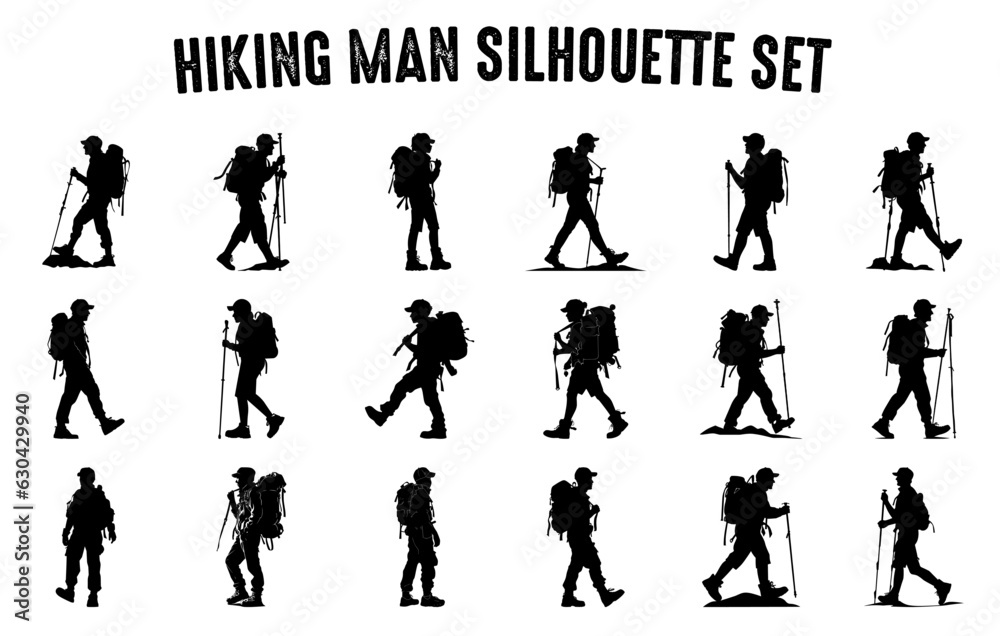 Hiking man Silhouette vector art set, Hiker Silhouettes Collection, Hiker with a backpack black clipart bundle