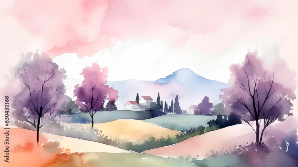 Purple watercolor landscape with trees, mountain and small villas. Romantic scenery illustration, floral farm.