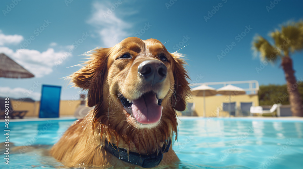 Image of dog on vacation at swimming pool Image of dog on vacation at swimming pool
