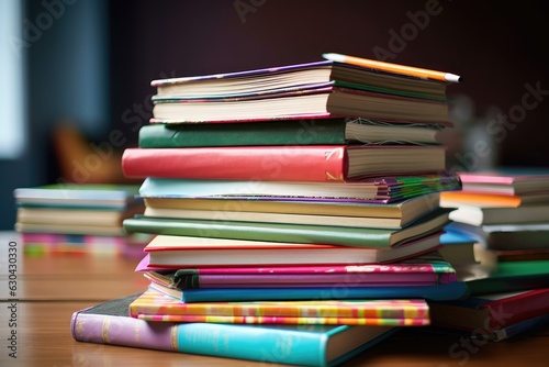 Close-up of heap of books and textbooks on desk in classroom, generative AI
