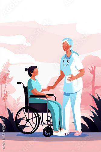 Generative AI illustration of nurse caring for elderly woman in wheelchair in vector illustration style with pastel colors