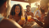 Happy young people cheering cocktail glasses together on summer beach party - Multi ethnic friends enjoying happy hour sitting at bar table - Food and beverage lifestyle concept