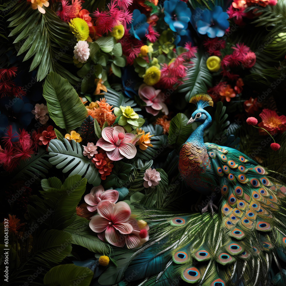 Peacock with tropical exotic flowering plants and flowers background 