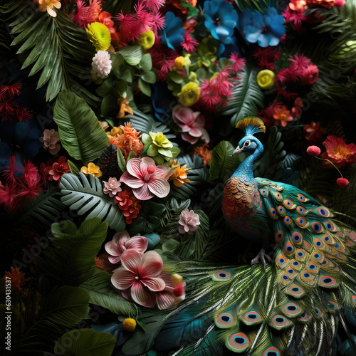 Peacock with tropical exotic flowering plants and flowers background  © AI Exclusive 