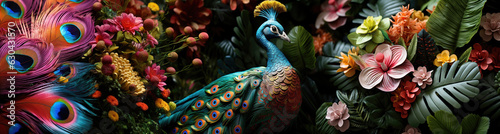 Panoramic collage with Peacock and tropical flowers background