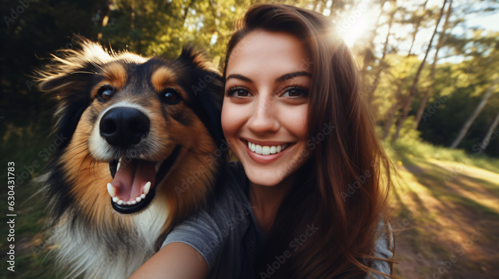 Happy woman and dog taking selfie outdoors - Owner having enjoying sunny day with its dog playing together outside - Animals and human love - obrazy, fototapety, plakaty 