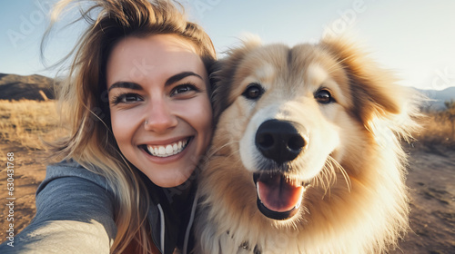 Happy woman and dog taking selfie outdoors - Owner having enjoying sunny day with its dog playing together outside - Animals and human love photo