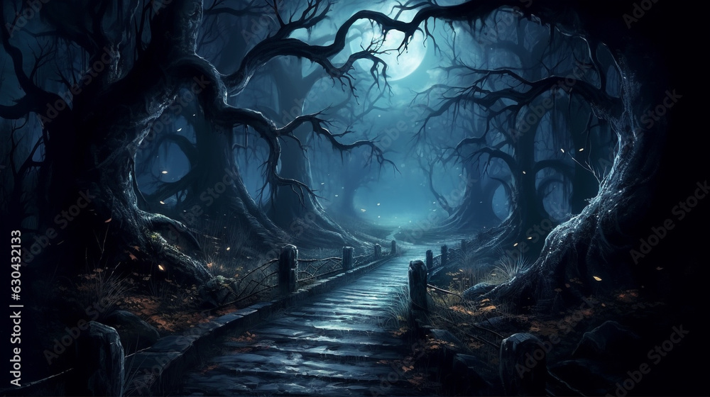 Halloween Scary scene background Moonlit dark horror Thriller Forest shadow midnight walkway path