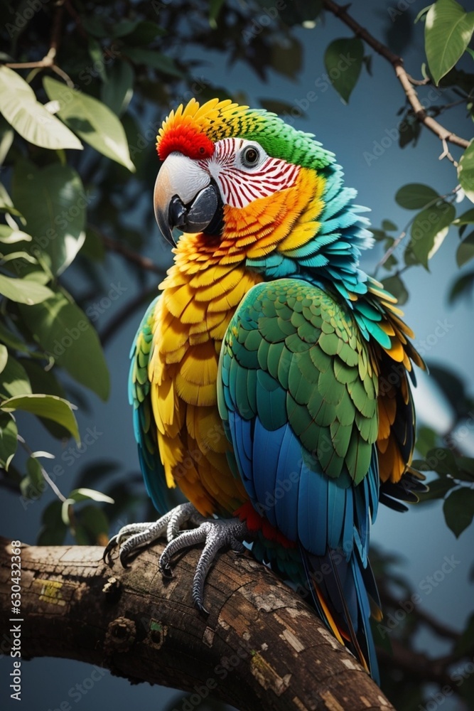 Fototapeta premium Luminous AI Creation: A Glowing Glass Parrot on a Branch