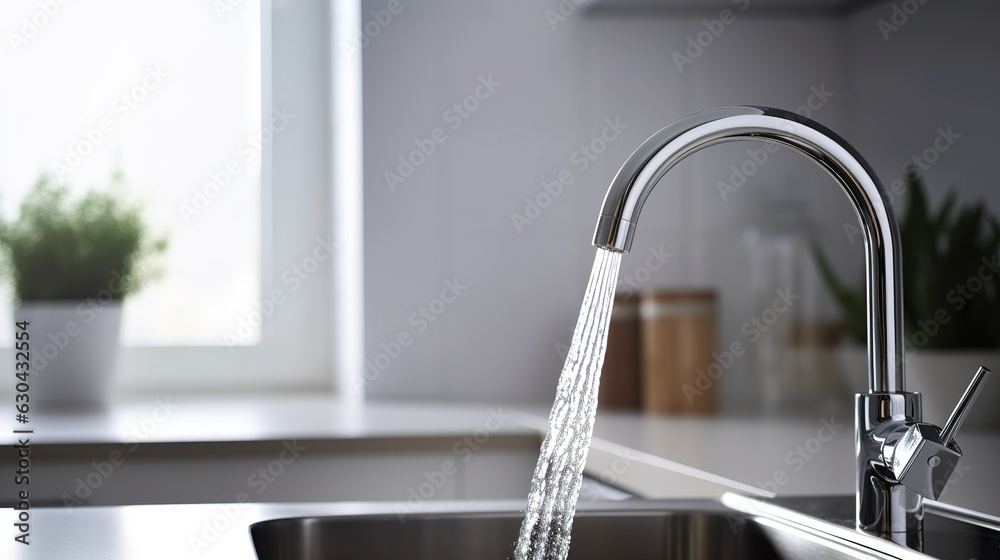 Kitchen water mixer. Water tap made of chrome material, Generative AI Kitchen water mixer. Water tap made of chrome material, Generative AI