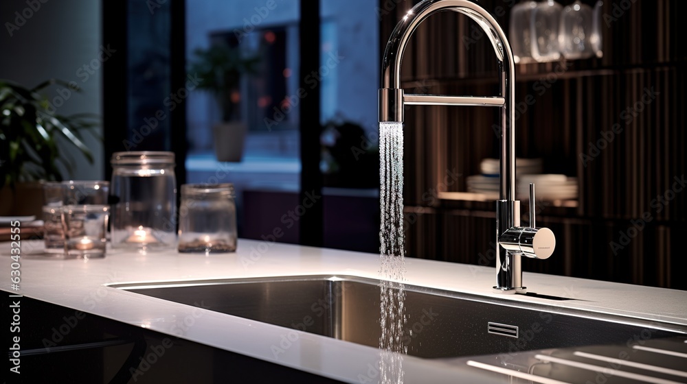 Kitchen water mixer. Water tap made of chrome material, Generative AI Kitchen water mixer. Water tap made of chrome material, Generative AI