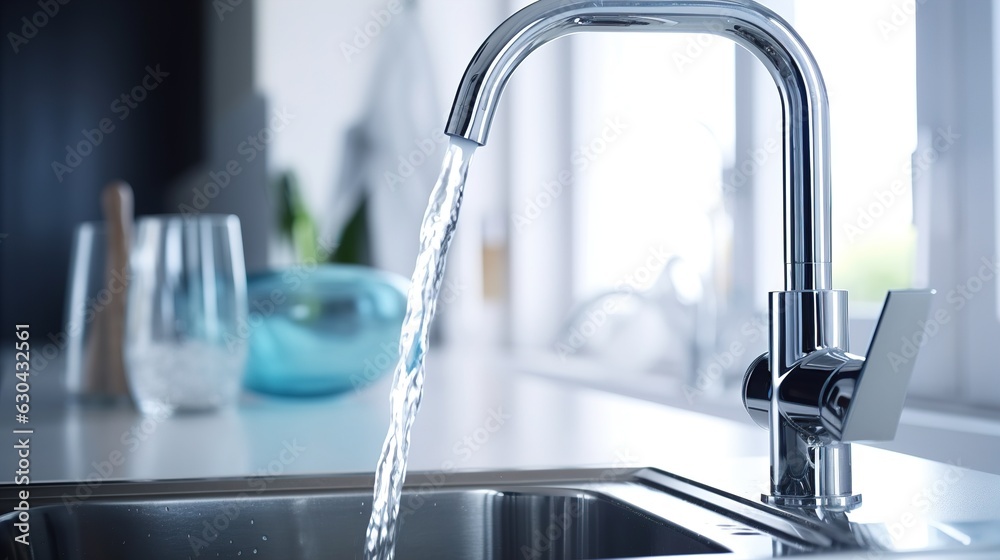 Kitchen water mixer. Water tap made of chrome material, Generative AI Kitchen water mixer. Water tap made of chrome material, Generative AI