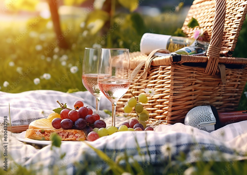 Glasses of pink wine and and summer berries.Picnic lifestyle.Macro.AI Generative