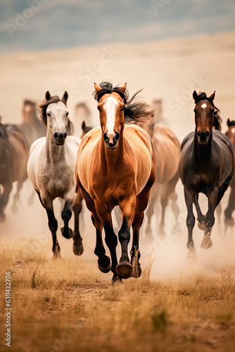 A majestic herd of wild horses galloping free. Generative AI © Oleksandr