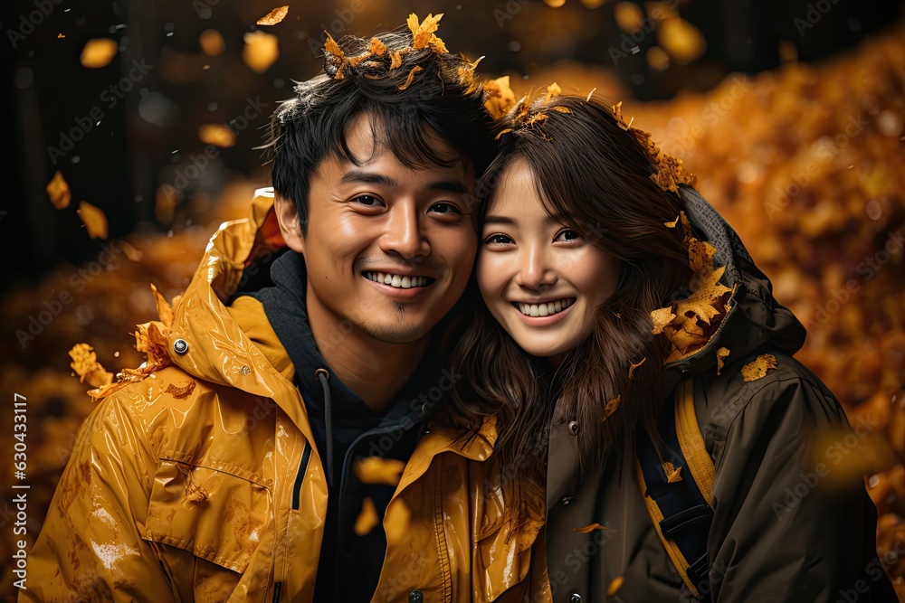 Asian Couple Autumn Backdrop Generative AI