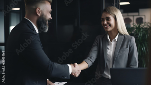 Happy bank manager shaking hands with a client after successful agreement in the office