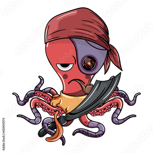 Cartoon character impatient pirate captain cyborg octopus with his sword smoking a pipe. Illustration for fantasy, science fiction and adventure comics