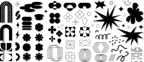 Mega set naive groovy flat shapes. Sticker pack with abstract brutalist geometric elements. Circle star flower in trendy retro 90s cartoon style. Black vector illustration with modern graphic design