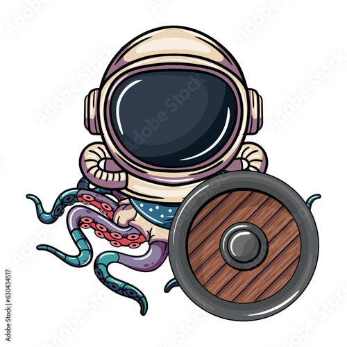 Cartoon octopus cyborg astronaut character with protection shield. Illustration for fantasy, science fiction and adventure comics