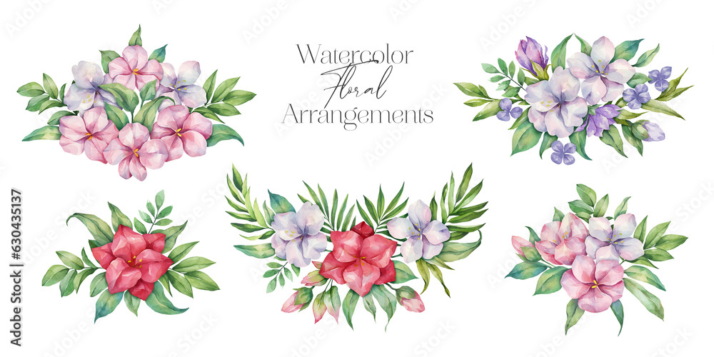 Watercolor set of floral bouquets. Bouquet of pink, lilac and red flowers for wedding invitations, design social media posts and printing on various products.