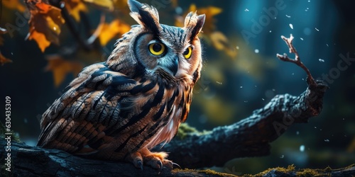 Close-up photo of an owl at night in the forest. Generative AI