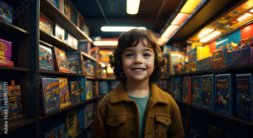 Jeune enfant souriant dans un magasin de jouets. photo