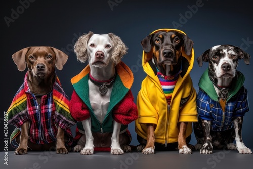 Trendsetting Dog Posse: Stylish Canines Striking Paws in a Modern Studio