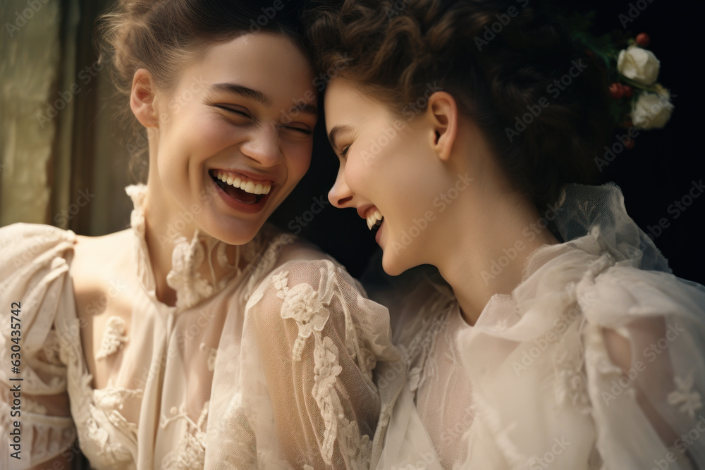 female brides/models/lgbtq + couple in magazine wedding/engagement editorial fashion/beauty photo shoot embracing/kissing autumn colours film photography look - generative ai art female brides/models/lgbtq + couple in magazine wedding/engagement editorial fashion/beauty photo shoot embracing/kissing autumn colours film photography look - generative ai art