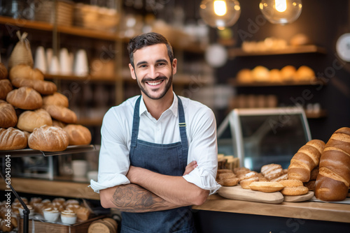 Portrait of smiling male staff standing with arms crossed in bakery shop