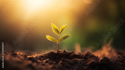 Small tree growing with sunrise. green world and earth day concept with green bokeh background, nurturing a baby plant, protect nature, Earth day concept