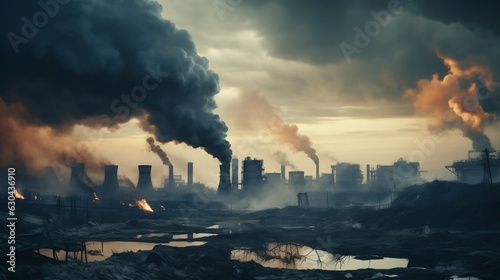 Concept of carbon emissions, represented by smoke billowing from factory chimneys and sinking into a thick smog. The environmental consequences of industrial pollution