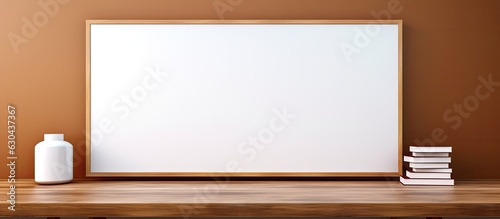 A wooden table holds a white smart TV screen that is blank and empty. © HN Works