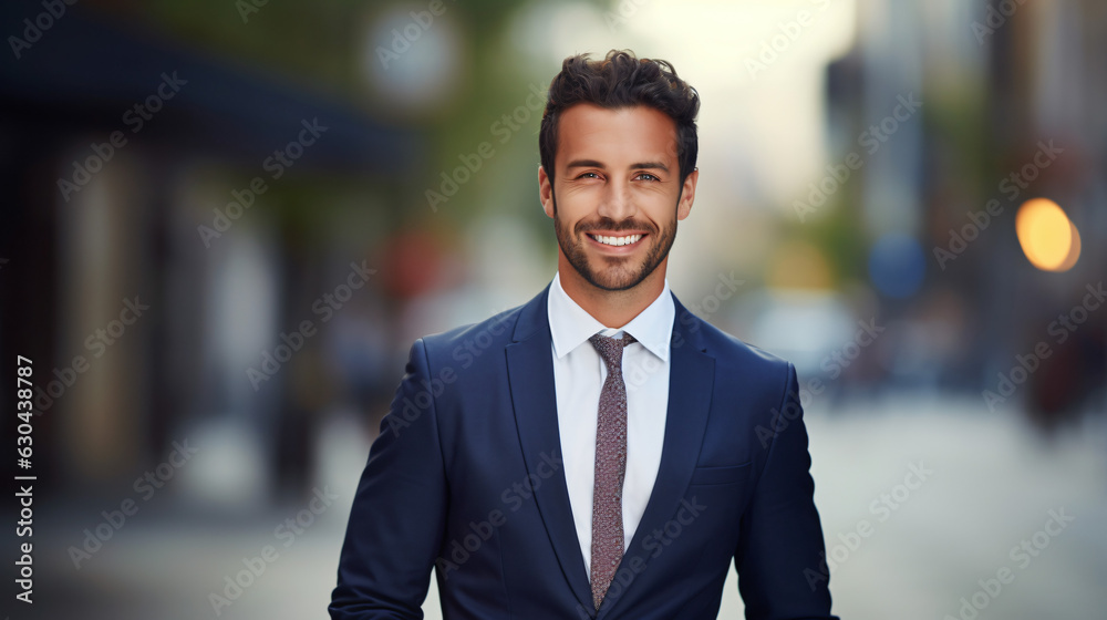 Portrait Of Confident Male Business Man Smiling To Camera, With Space For Text - obrazy, fototapety, plakaty 