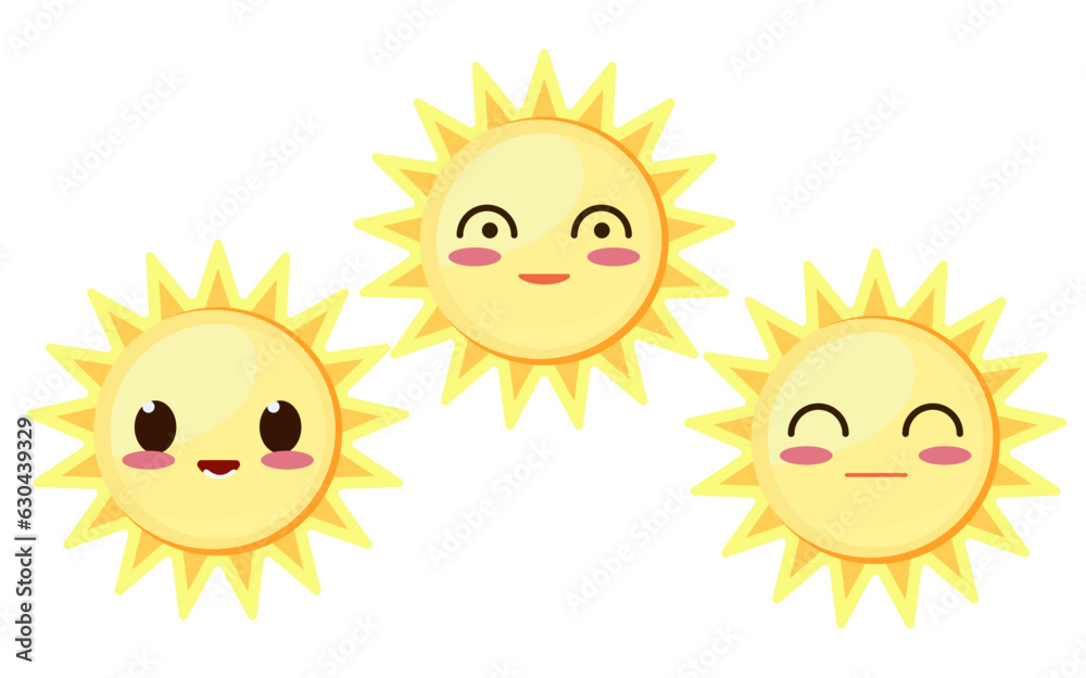 Smiling suns with face flat vector illustration , different Sun faces stock vector image
