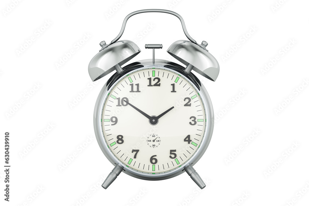 Steel alarm clock, front view. 3D rendering isolated on transparent background Steel alarm clock, front view. 3D rendering isolated on transparent background